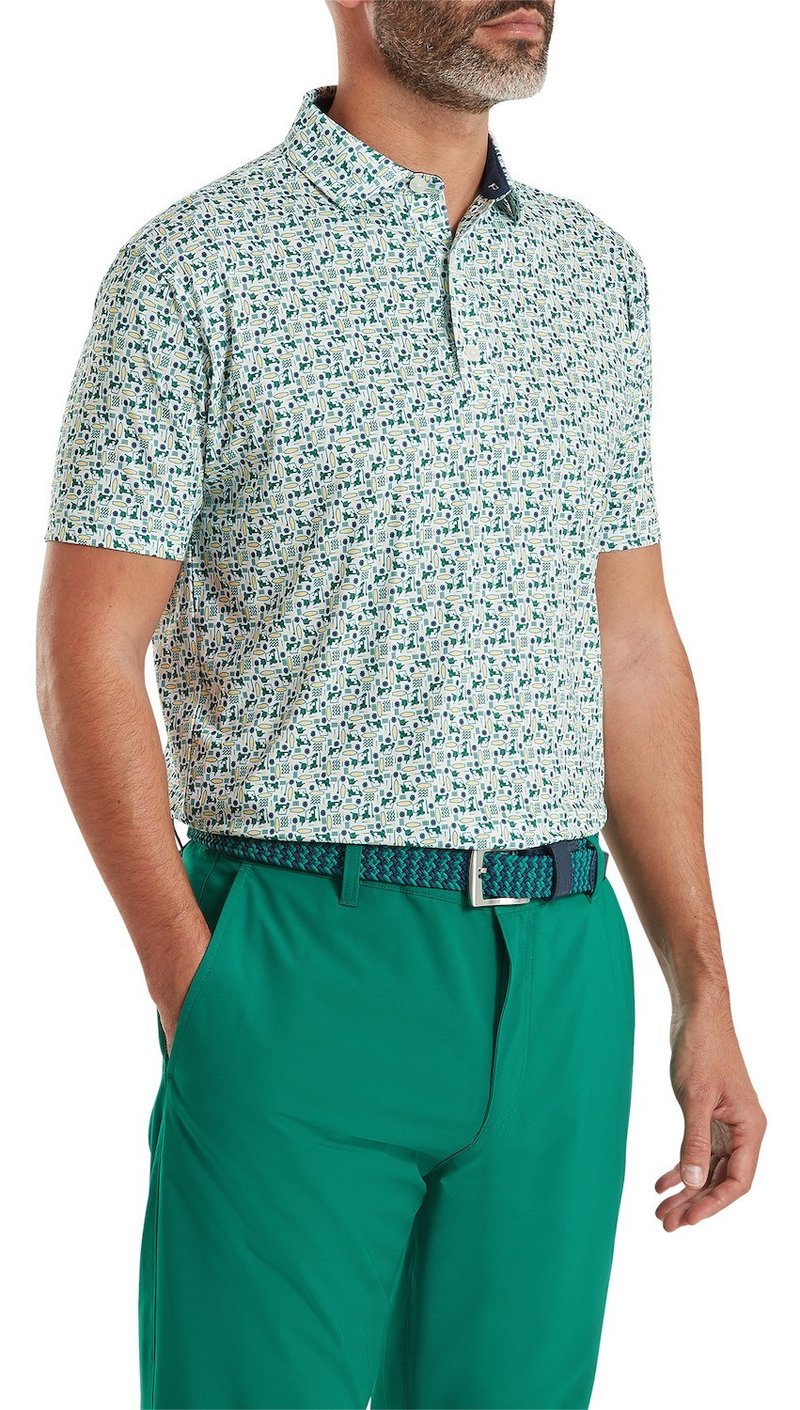 FootJoy Surfs Up Print Lisle men's polo, field green/white/sunshine/navy