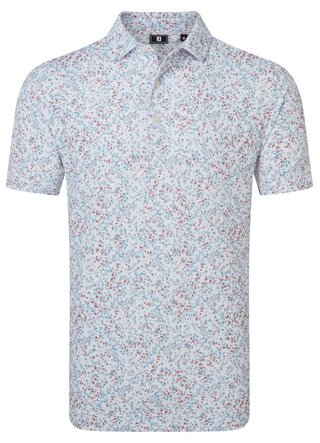 FootJoy Watercolour Floral Print Pique men's polo, white/chambray/nantucket red