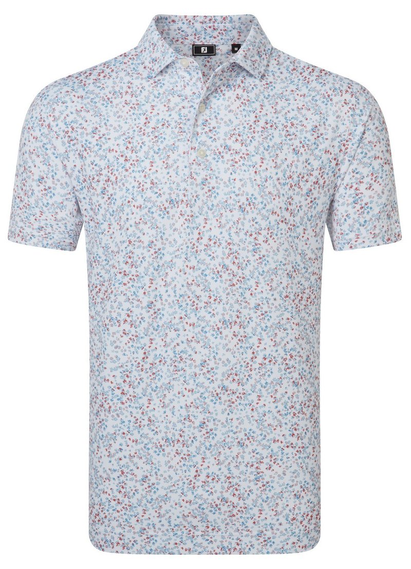 FootJoy Watercolour Floral Print Pique men's polo, white/chambray/nantucket red