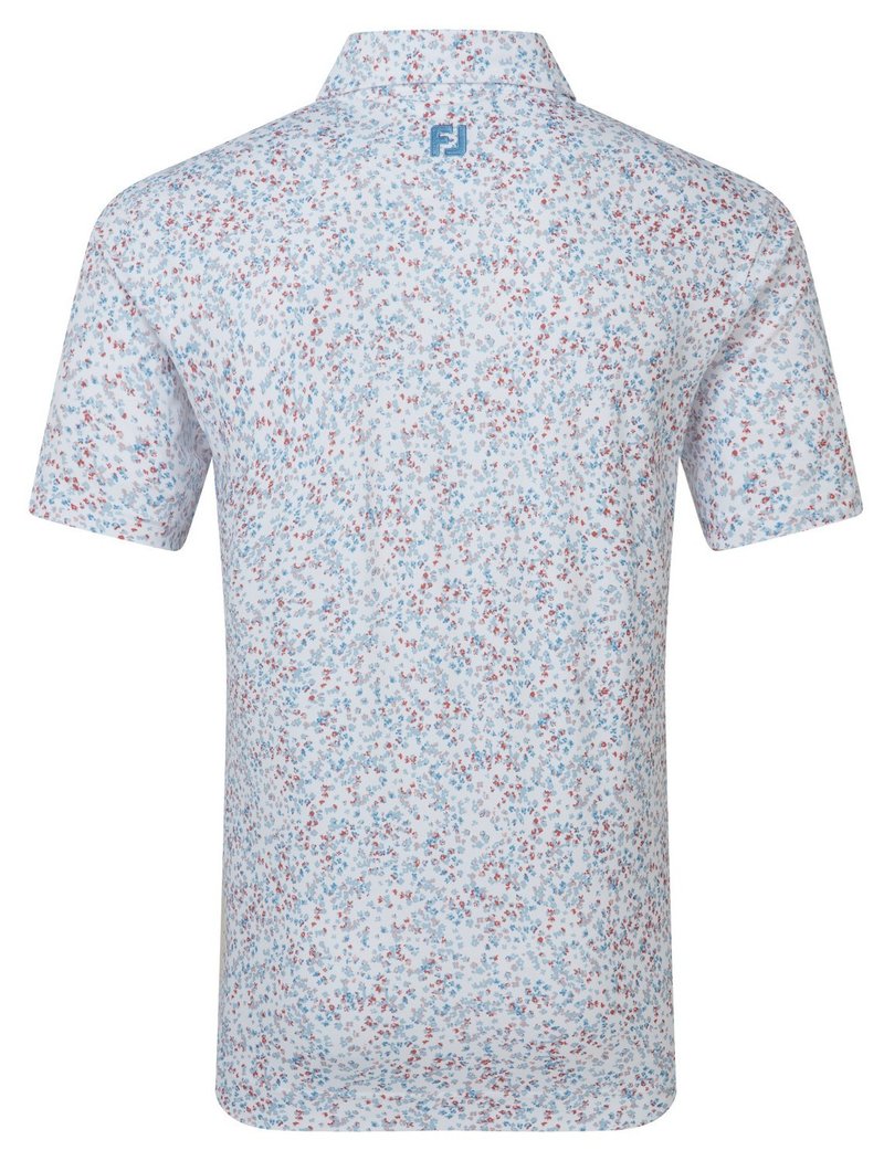 FootJoy Watercolour Floral Print Pique men's polo, white/chambray/nantucket red