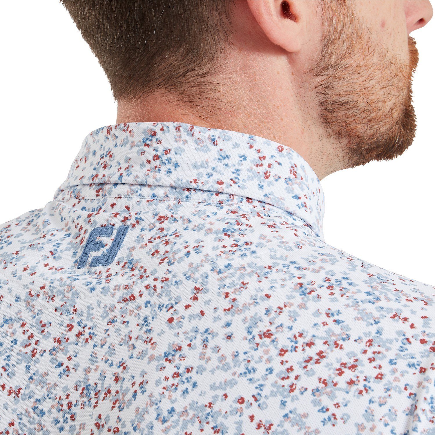FootJoy Watercolour Floral Print Pique men's polo, white/chambray/nantucket red