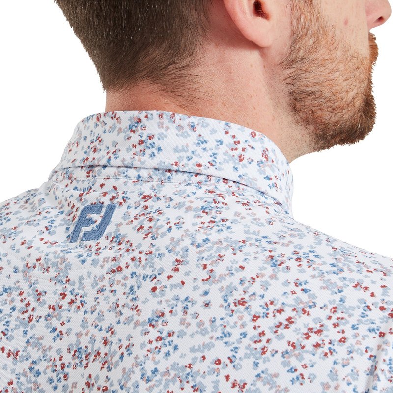 FootJoy Watercolour Floral Print Pique men's polo, white/chambray/nantucket red