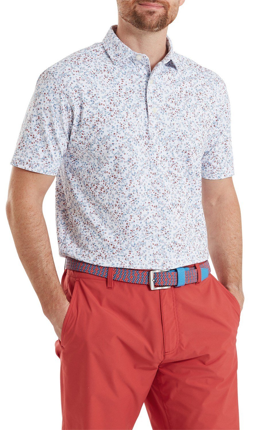 FootJoy Watercolour Floral Print Pique men's polo, white/chambray/nantucket red