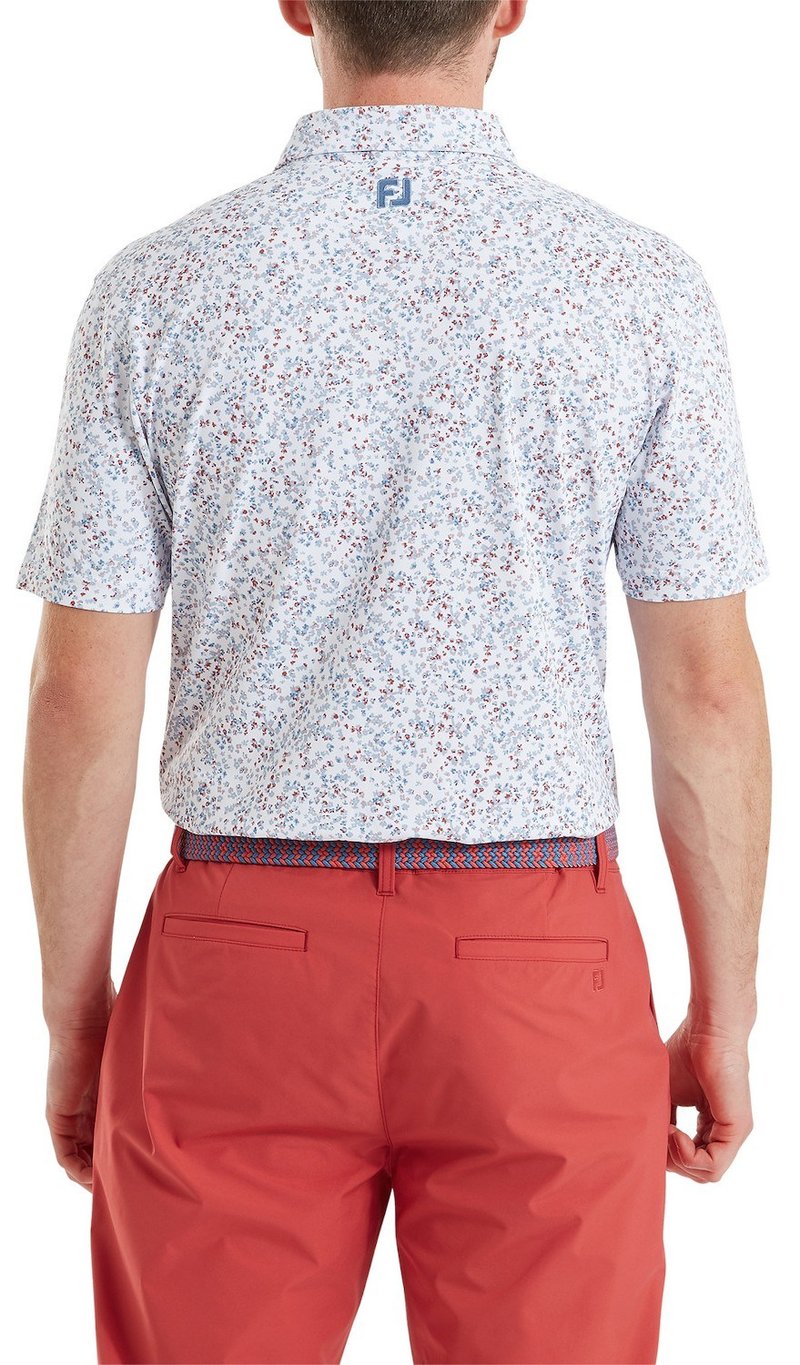FootJoy Watercolour Floral Print Pique men's polo, white/chambray/nantucket red