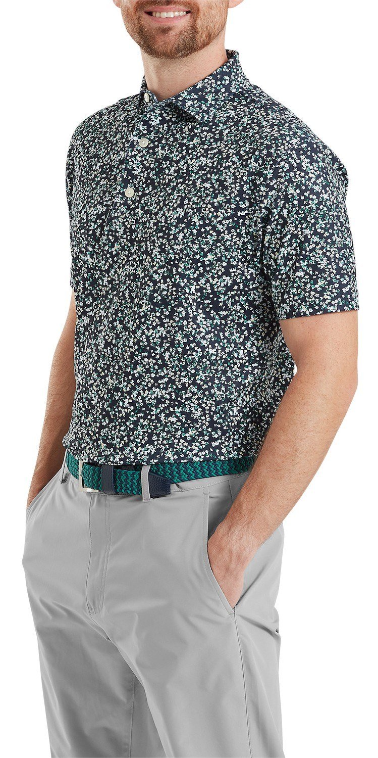 FootJoy Watercolour Floral Print Pique men's polo, navy/sunshine/field green