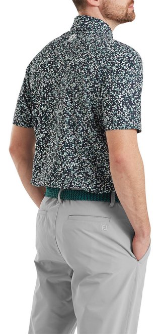 FootJoy Watercolour Floral Print Pique men's polo, navy/sunshine/field green