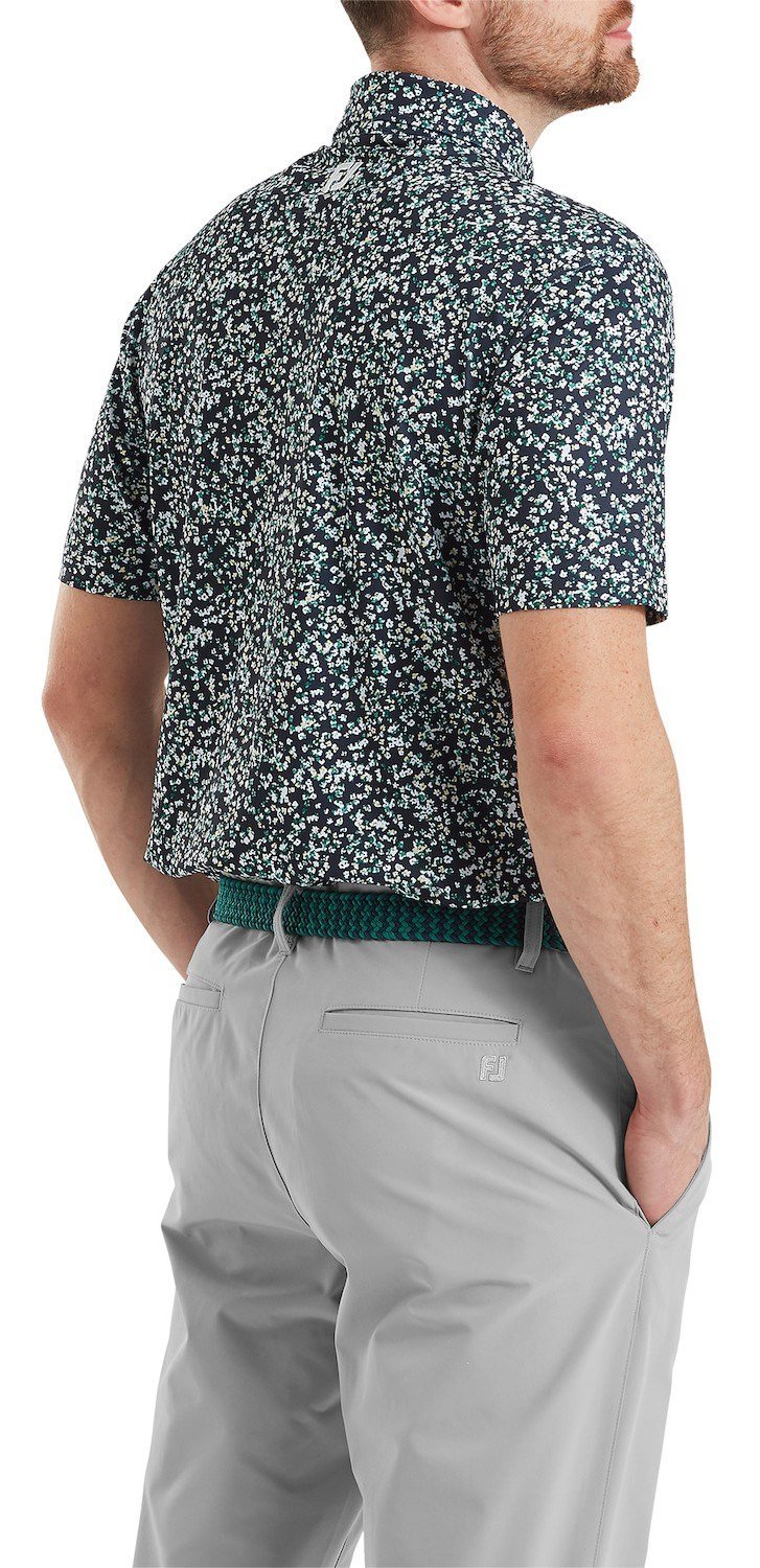 FootJoy Watercolour Floral Print Pique men's polo, navy/sunshine/field green
