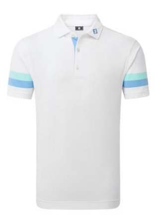FootJoy Sleeve Stripe Pique men's polo, white/blue reef/sea glass