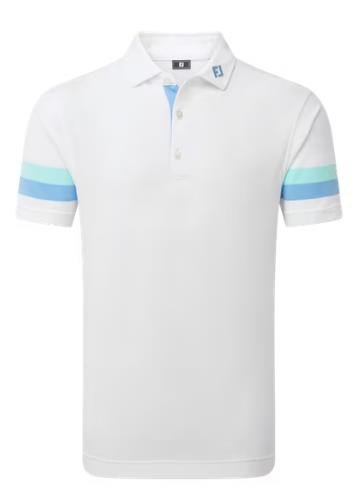 FootJoy Sleeve Stripe Pique men's polo, white/blue reef/sea glass