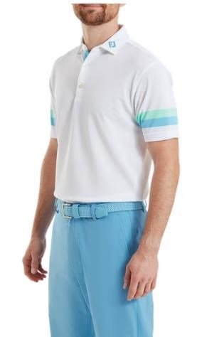 FootJoy Sleeve Stripe Pique men's polo, white/blue reef/sea glass