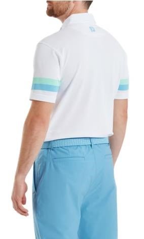 FootJoy Sleeve Stripe Pique men's polo, white/blue reef/sea glass
