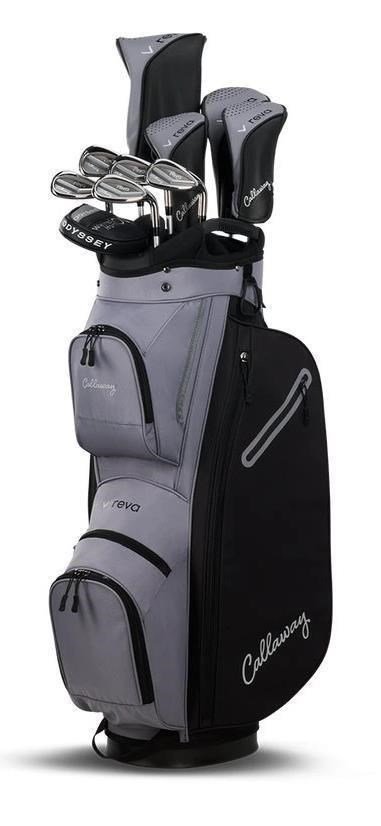 Complete golf set standing in a bag, woods and irons visible