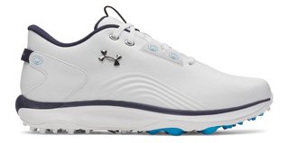 Under Armour Drive Fade 2 Spikeless mens golf shoes, white/metallic silver
