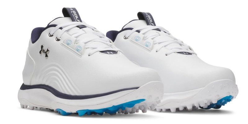 Under Armour Drive Fade 2 Spikeless mens golf shoes, white/metallic silver