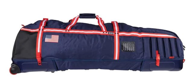 Golf travel cover with wheels, standing upright, full length zip