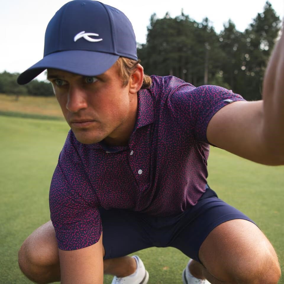KJUS Golfer men's polo, rhubarb/atlanta blue