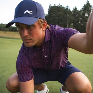 KJUS Golfer men's polo, rhubarb/atlanta blue
