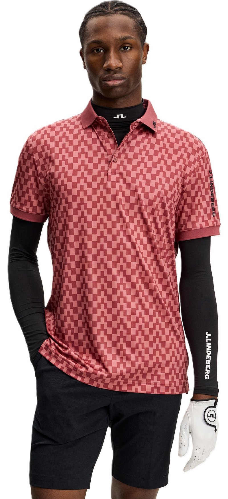 J.Lindeberg Tour Tech Print men's polo, bridge stack apple butter