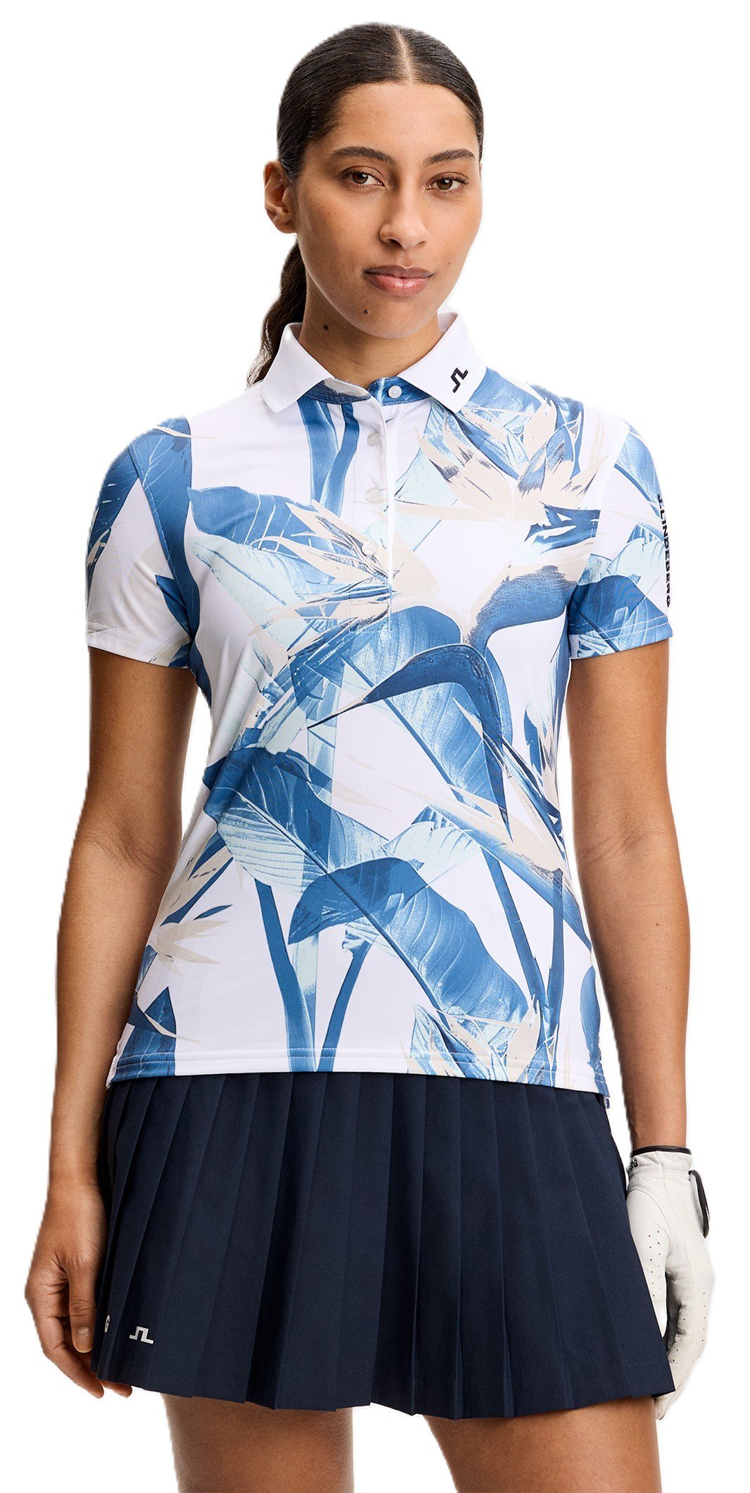 J.Lindeberg Tour Tech Print ladies women's polo, paradise skylight