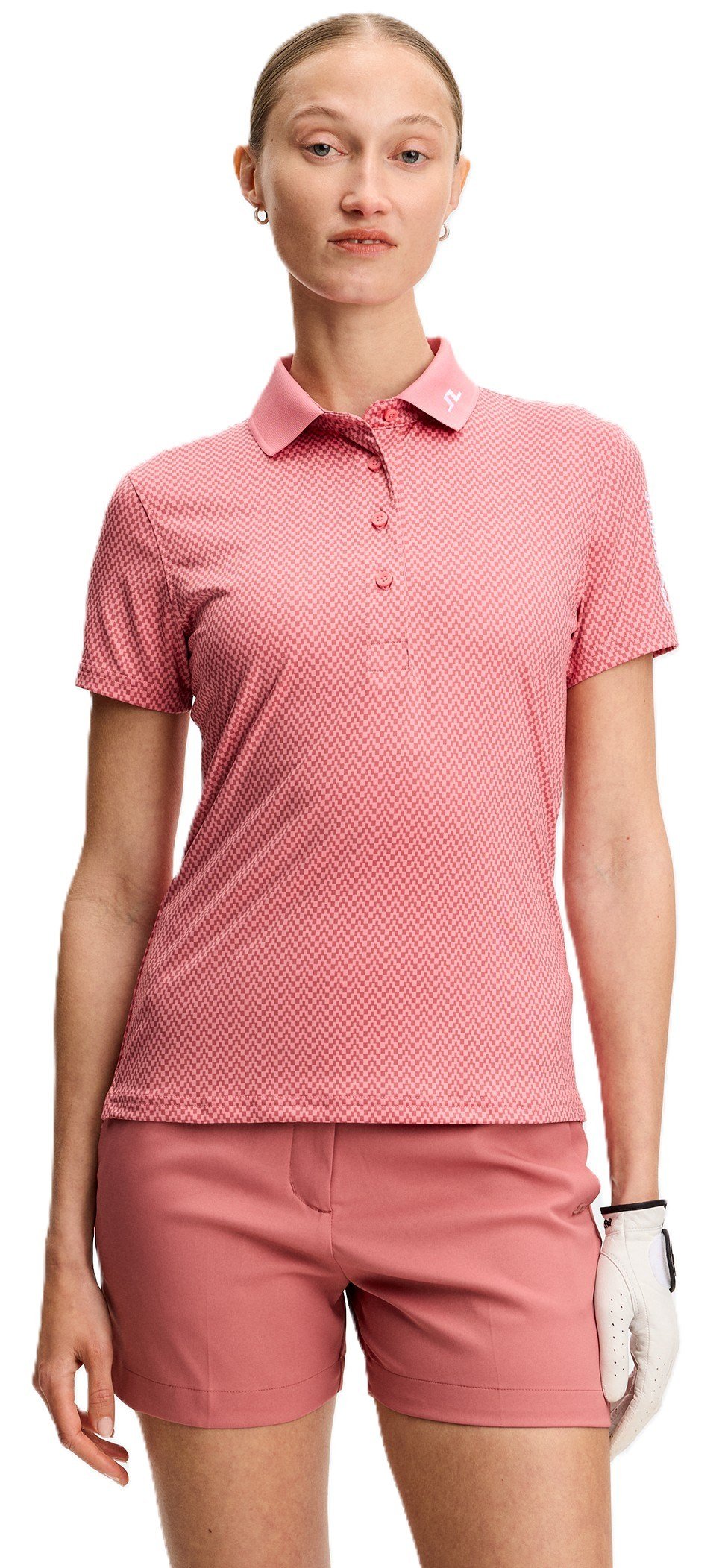 J.Lindeberg Tour Tech Print ladies polo, bridge stack rose
