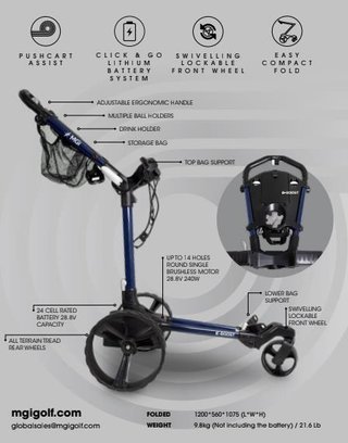 MGI E-Boost hybrid golf trolley 2026, matt navy