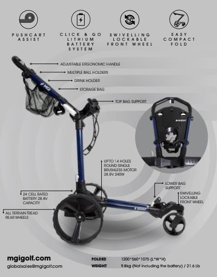 MGI E-Boost hybrid golf trolley 2026, matt navy