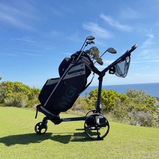 MGI E-Boost hybrid golf trolley 2026, matt navy