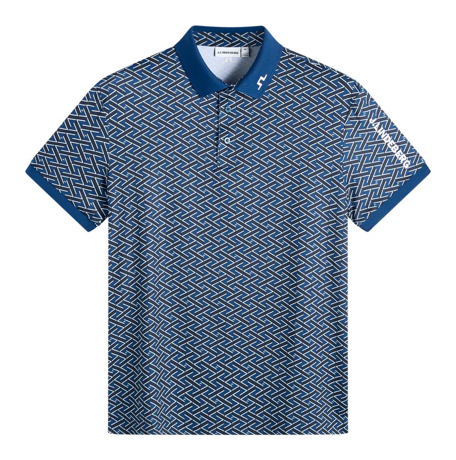 J.Lindeberg Tour Tech Print mens polo, ladder estate navy