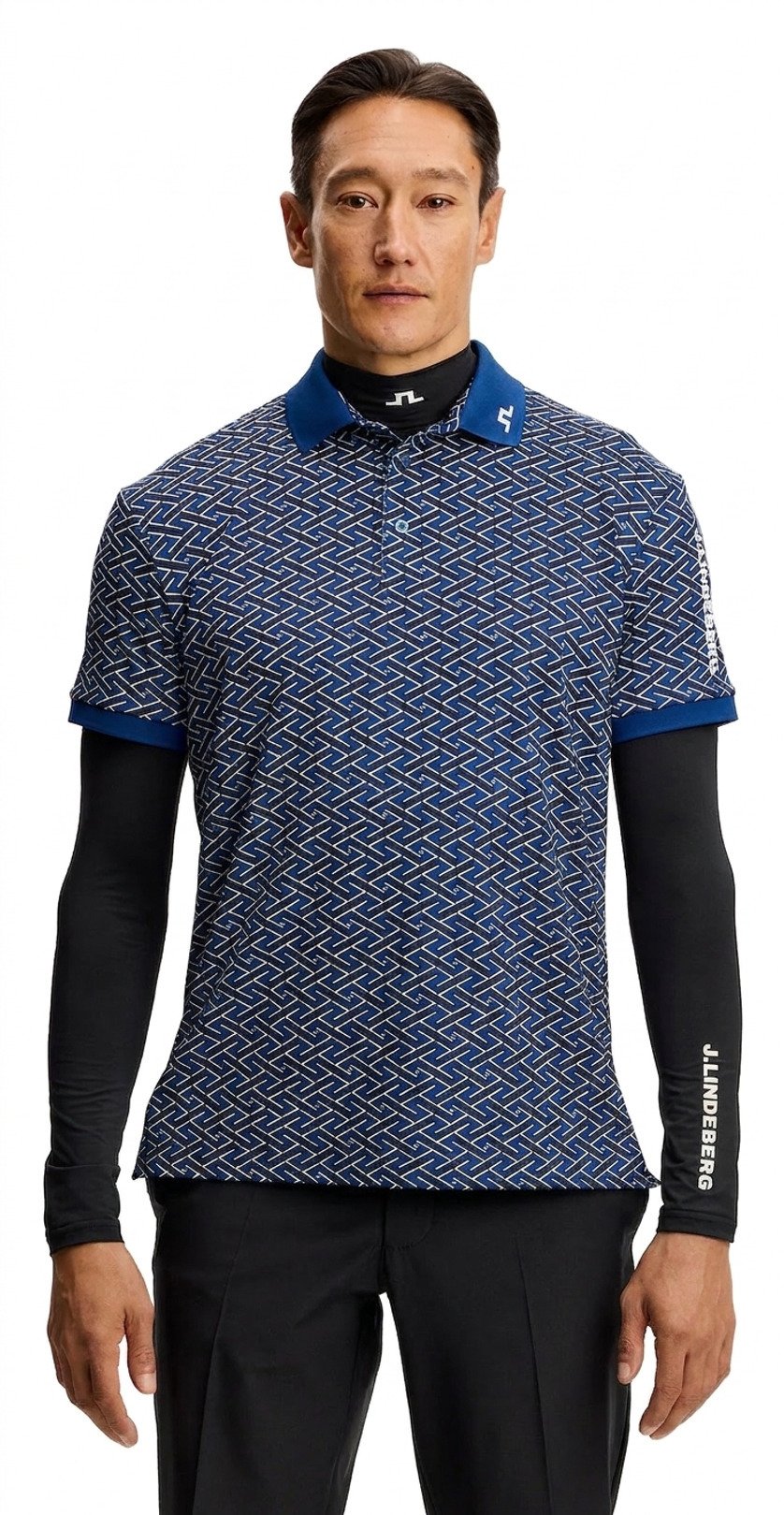 J.Lindeberg Tour Tech Print mens polo, ladder estate navy