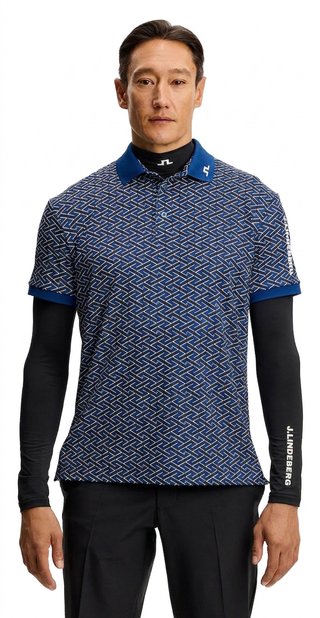 J.Lindeberg Tour Tech Print mens polo, ladder estate navy