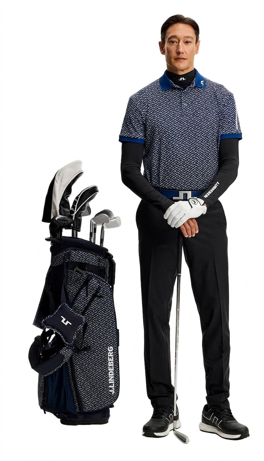 J.Lindeberg Tour Tech Print mens polo, ladder estate navy