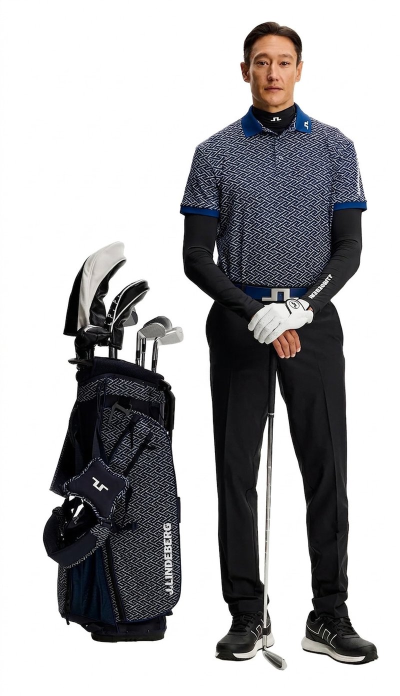 J.Lindeberg Tour Tech Print mens polo, ladder estate navy
