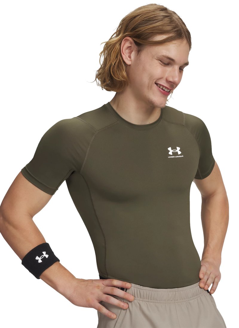 Under Armour HeatGear mens compression top, marine OD green/white