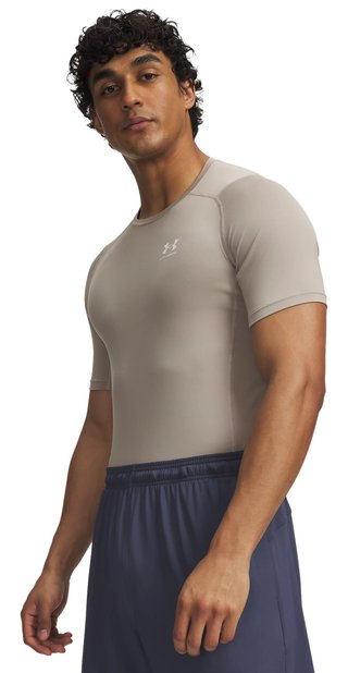 Under Armour HeatGear mens compression top, timberwolf taupe/white
