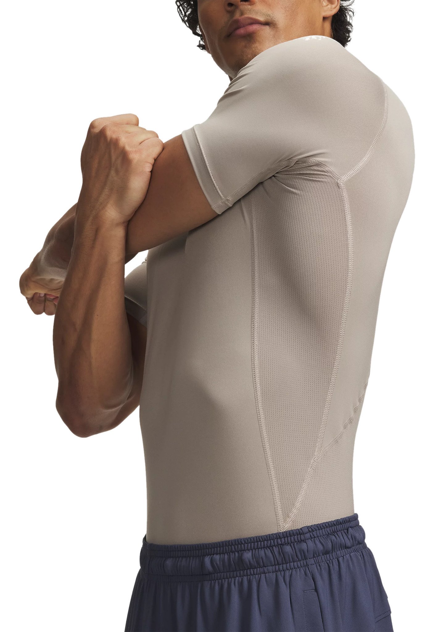Under Armour HeatGear mens compression top, timberwolf taupe/white