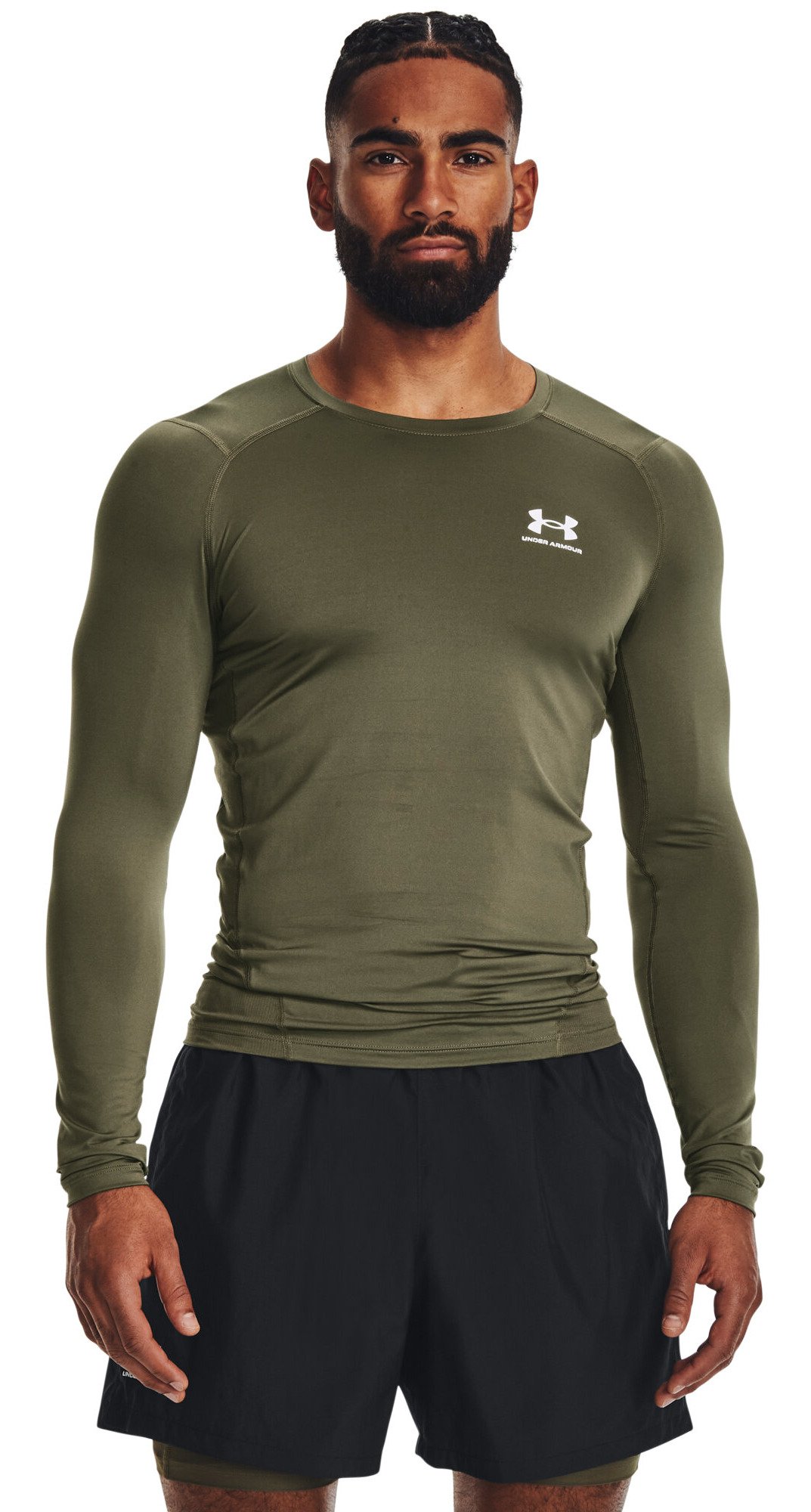 Under Armour HeatGear mens compression long sleeve shirt, marine OD green/white