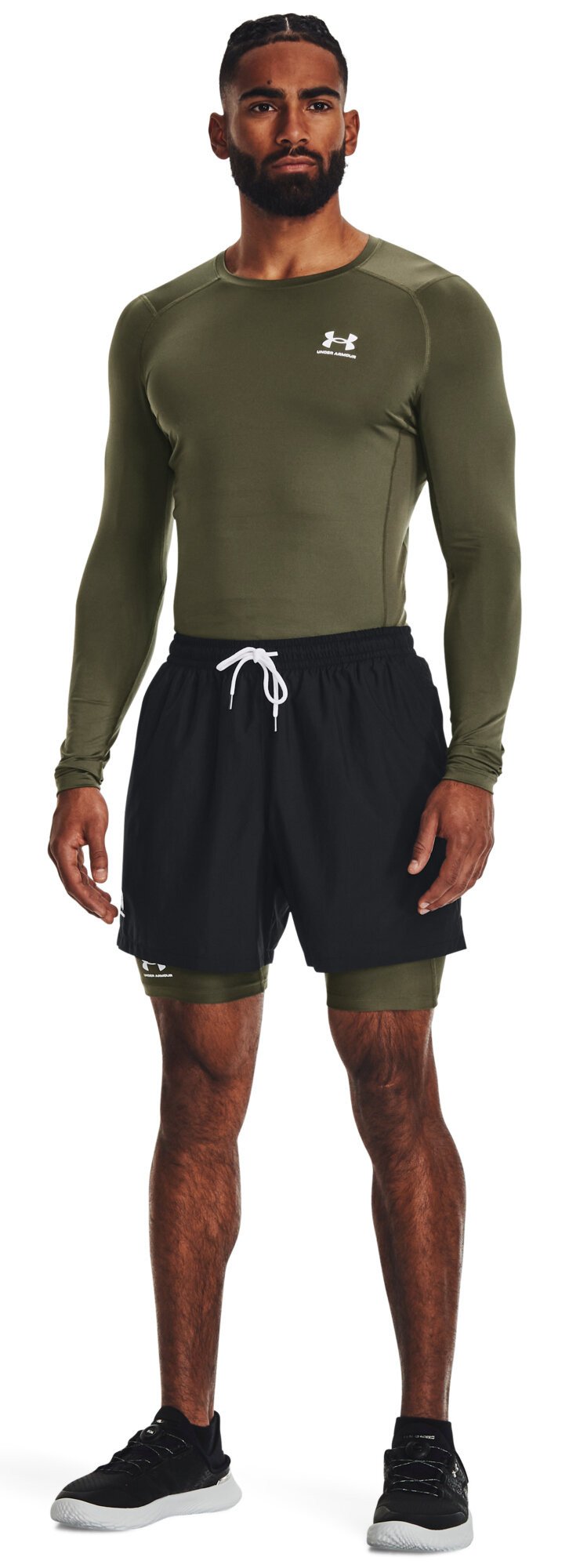 Under Armour HeatGear mens compression long sleeve shirt, marine OD green/white