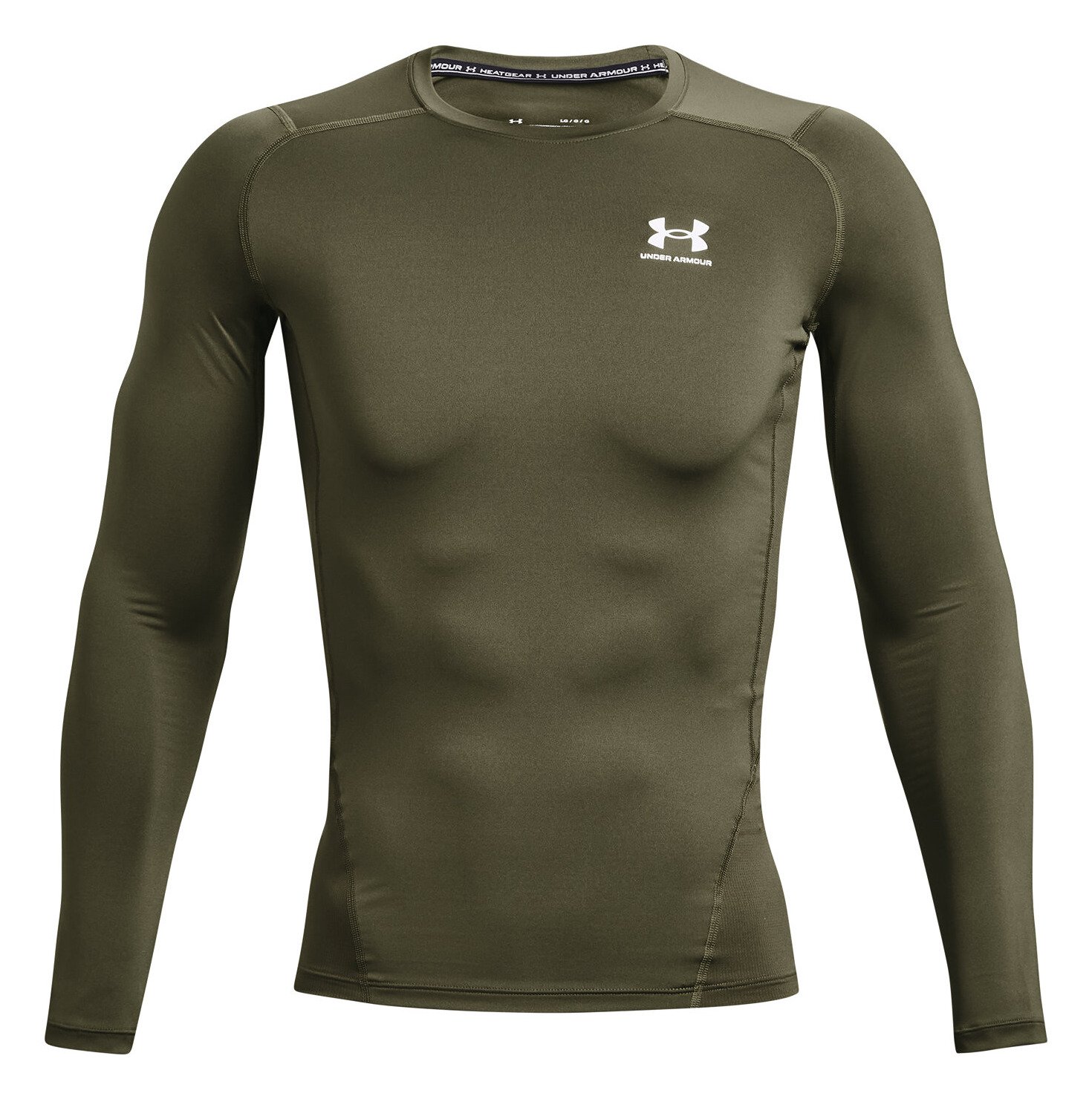 Under Armour HeatGear mens compression long sleeve shirt, marine OD green/white