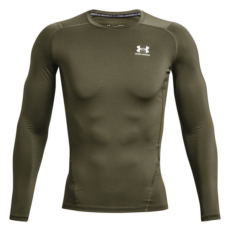 Under Armour HeatGear mens compression long sleeve shirt, marine OD green/white