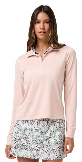 Travis Mathew Skyloft Light Zip longsleeve ladies polo, heather blush pink