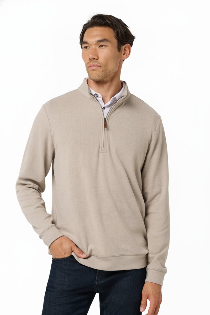 Travis Mathew Cloud men's sweater 1/4 zip, heather roasted cashew