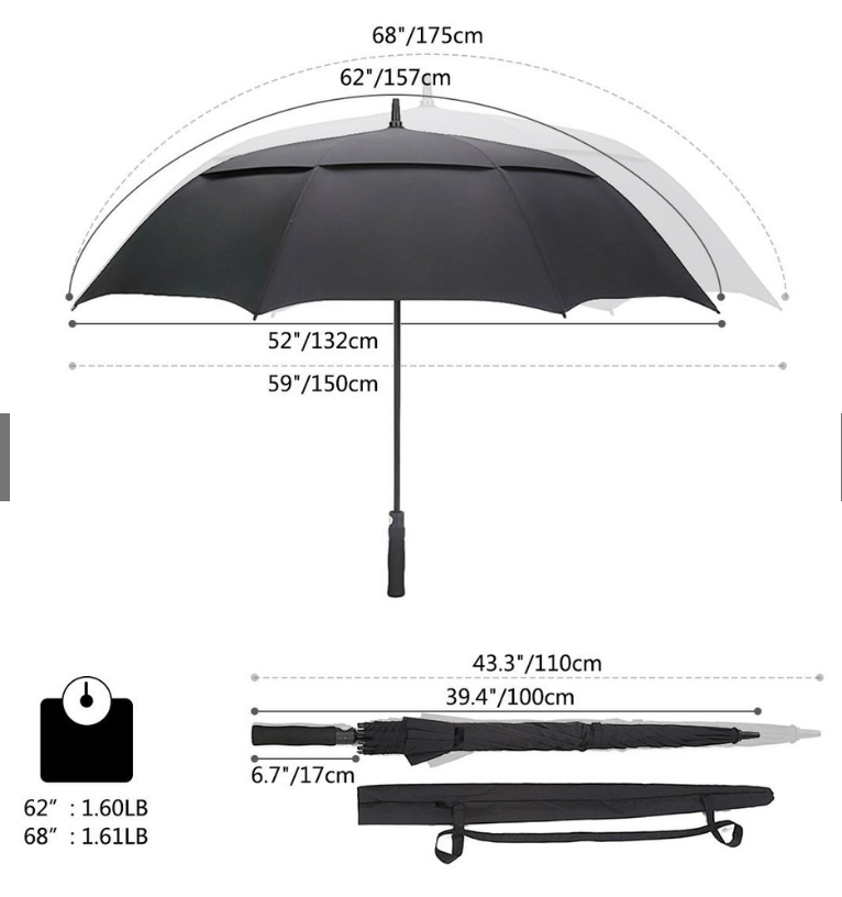 JuCad golf umbrella size guide — diameter and fabric span dimensions