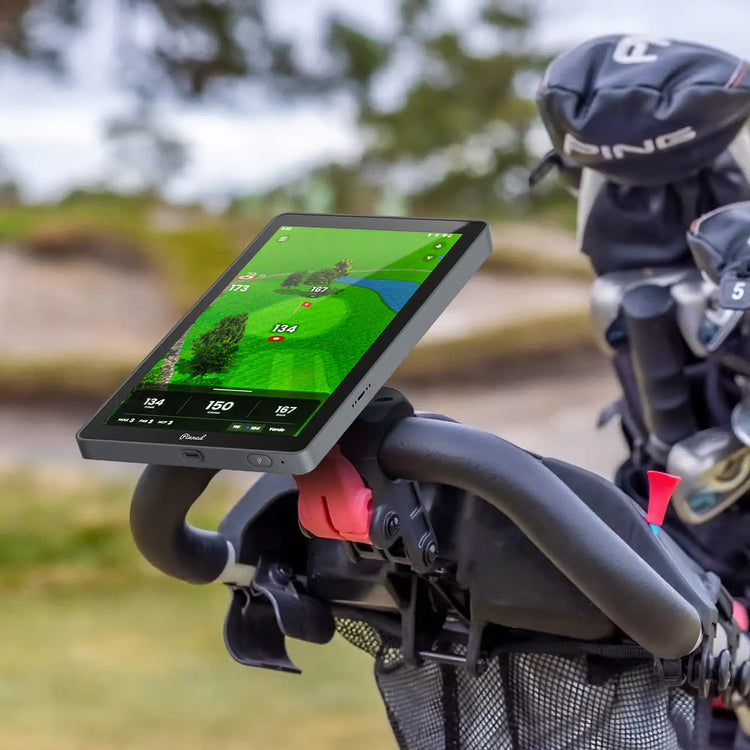 The Caddie GPS mounted on a golf trolley in sunlight