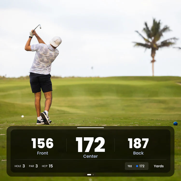 The Caddie GPS showing front, middle and back green distances