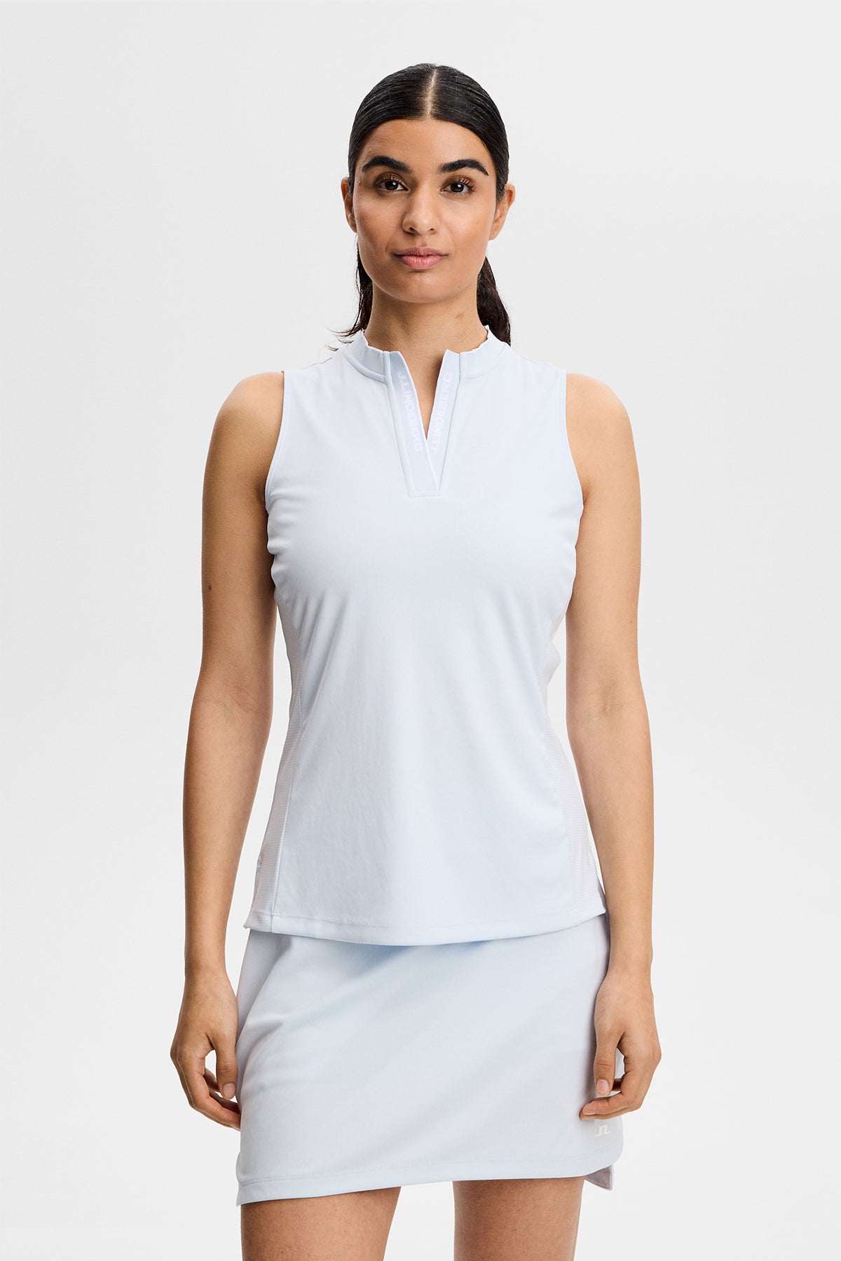 J.Lindeberg Leya Sleeveless Top Skywriting - front view showing jacquard rib collar