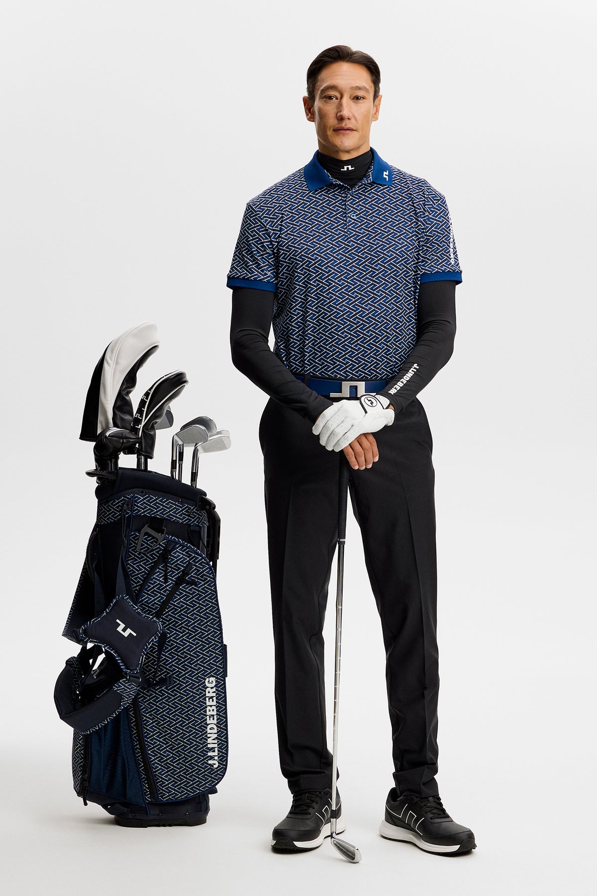 J.Lindeberg Tour Tech Print Polo Ladder Estate Navy - embroidery and print detail
