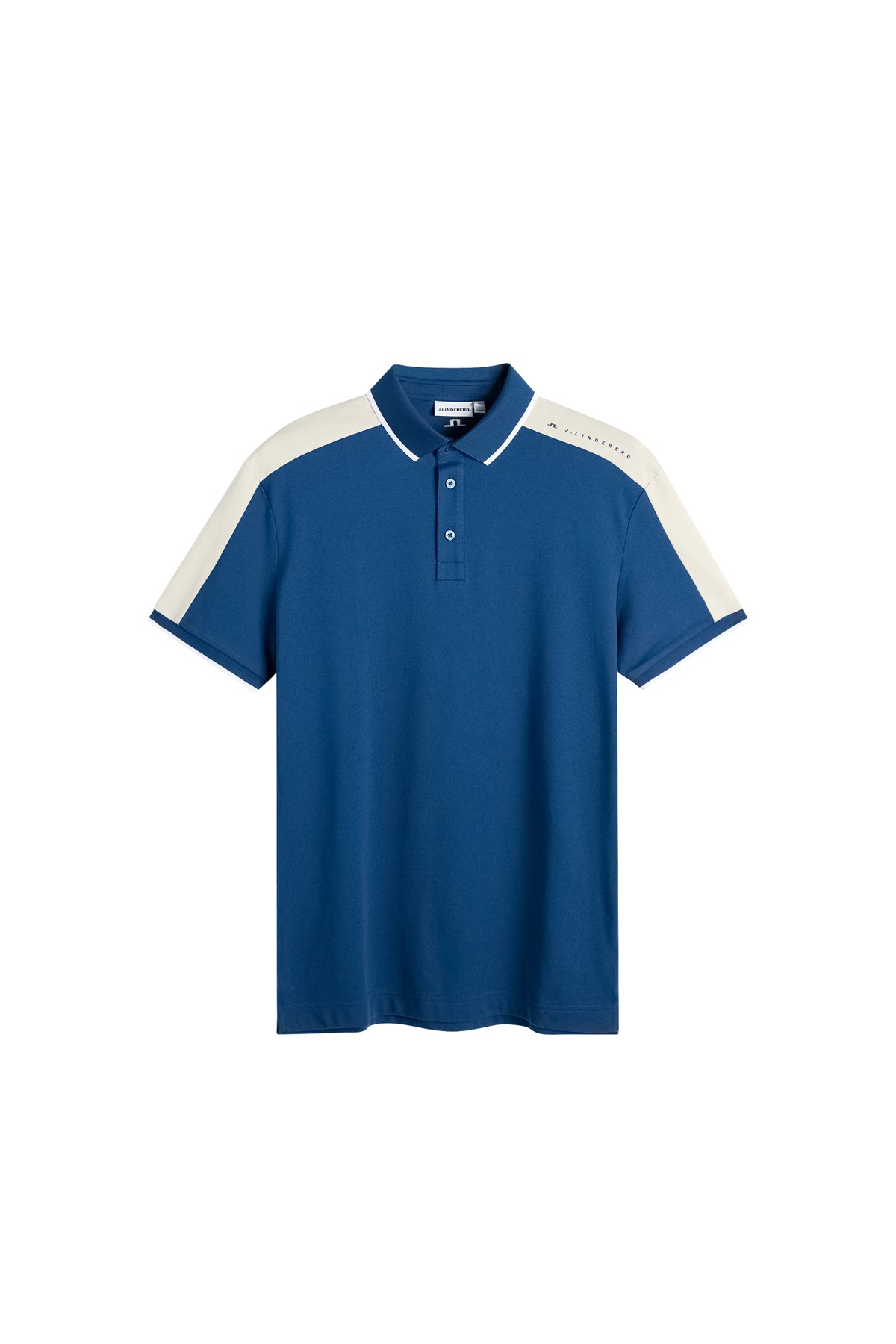 J.Lindeberg Jace Polo Estate Blue – front view showing breathable fabric and contrast shoulder panels