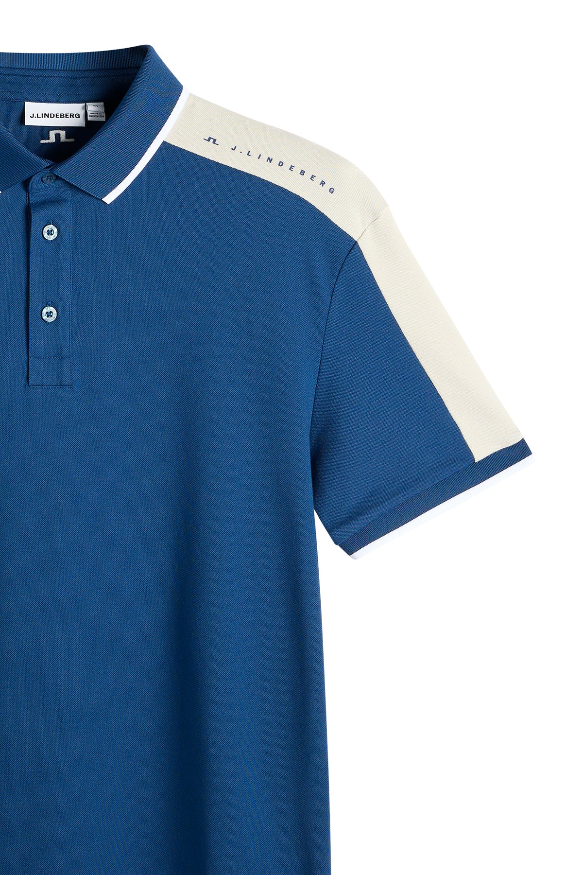 J.Lindeberg Jace Polo Estate Blue – back view showing Bridge logo and cut-and-sewn shoulder panels