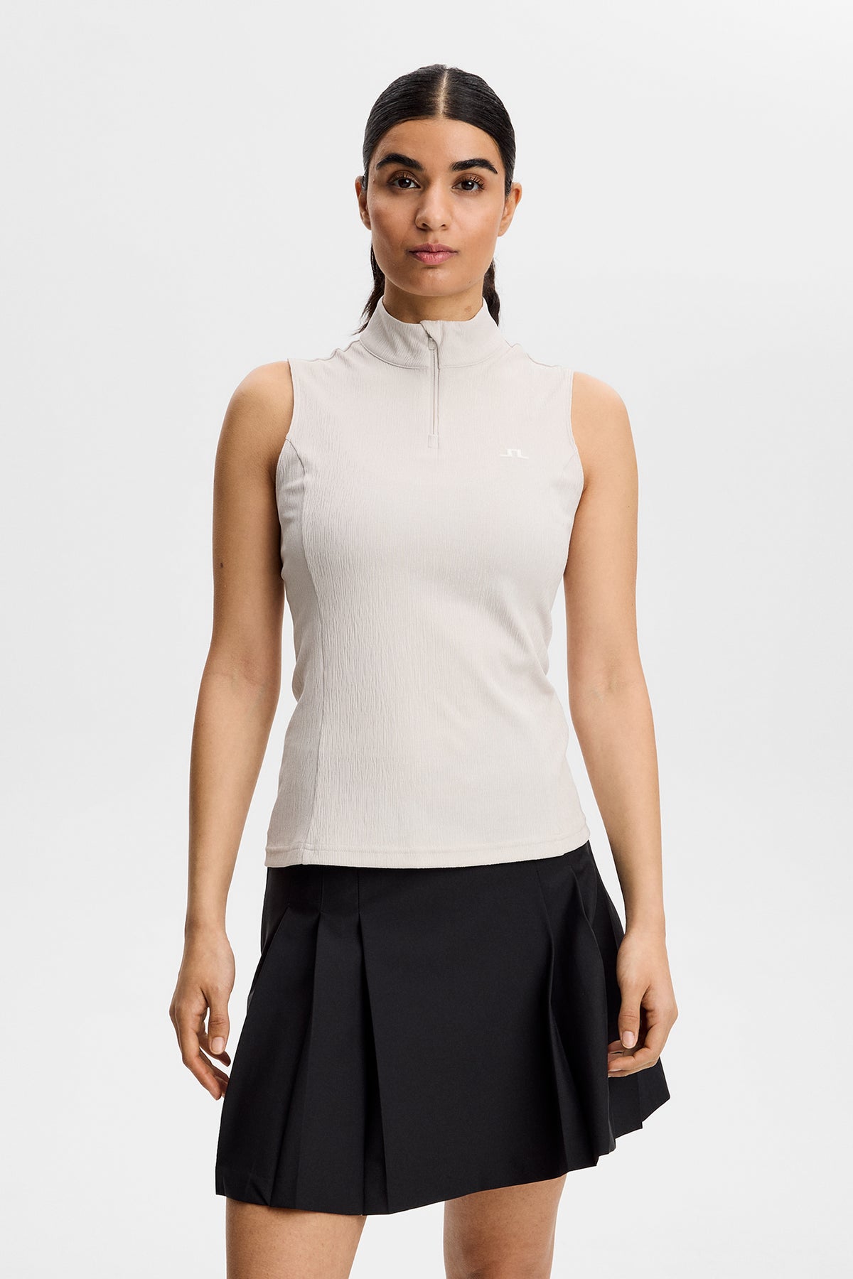 J.Lindeberg Tia Sleeveless Top Moonbeam – front view showing mockneck and quarter-zip