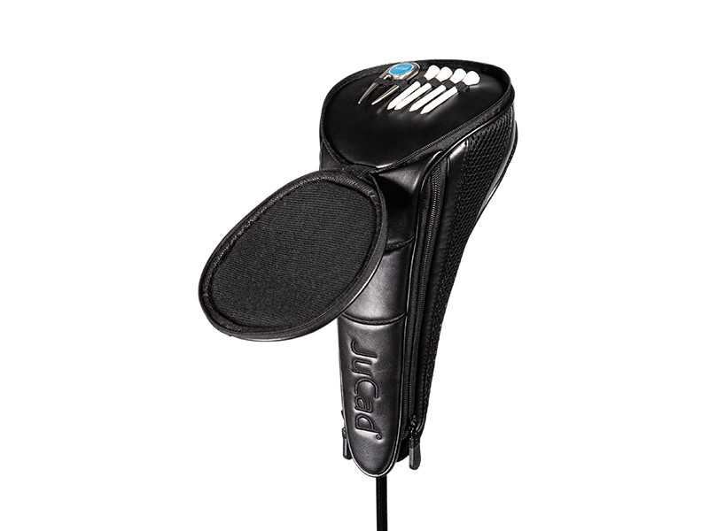 JuCad Driver Head Cover Set open showing zip compartment with tees and divot tool